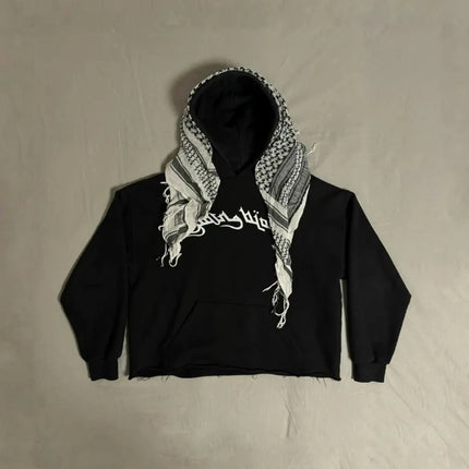 Autumn Winter Arab Style Aesthetic Plaid Contrast Scarf Decorative Hoodie Long Sleeved Letter Printing Loose Street Fashion Coat