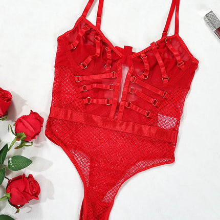 2024 New Design Sense Sexy Low Collar Hollowed Out Mesh Bodysuits Women's Cinching Waist Slim Spicy Girl Bodysuits L8GF
