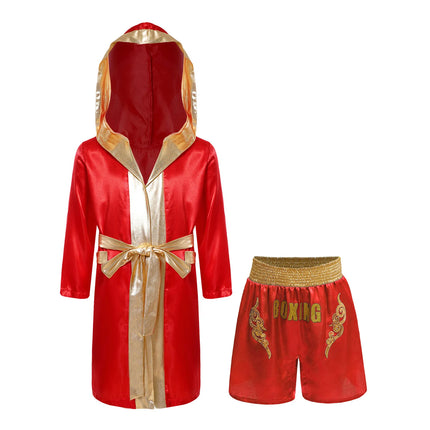Boys Girls Halloween Carnival Boxer Cosplay Costume Boxing Robe Outfit Long Sleeve Satin Pugilism Hooded Cloak with Belt Shorts
