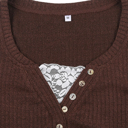 Women Button Front Knit Tops Long Sleeve Lace Patchwork Slim Fit Sweater Fall Fairy Grunge Gothic Y2K Clothes