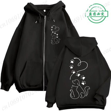 Dog and Cat Love Heart Graphic Fashion Zip Up Hoodies Women Autumn Long Sleeve Harajuku Y2K Clothes Female Sweatshirt Jackets