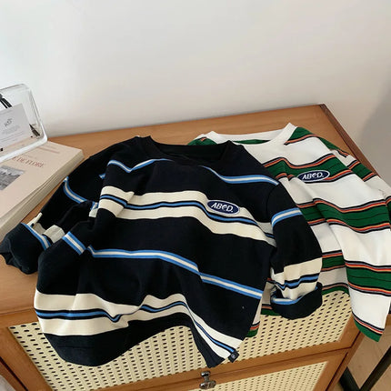 2025 Autumn Children's Clothes Girls Long-Sleeved Base Shirts Cool Boys Striped Cotton T-Shirt Teen Loose Casual 2-7Y Kids Top
