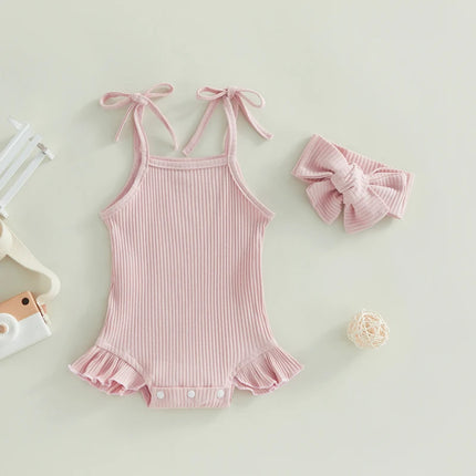 FOCUSNORM 0-18M Infant Baby Girls Sweet Romper Solid Color Knitted Ribbed Tie-Up Spaghetti Straps Sleeveless Ruffles Jumpsuits