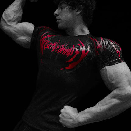 05-Men's Wing & Cross Print Compression Tight Fit Short Sleeve Sports Shirt Workout Tops Gym Compression High Stretch