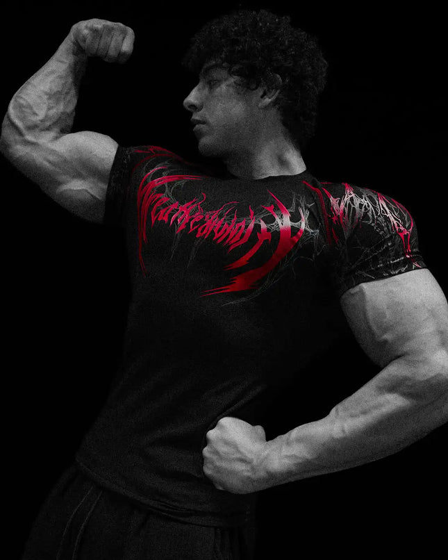 05-Men's Wing & Cross Print Compression Tight Fit Short Sleeve Sports Shirt Workout Tops Gym Compression High Stretch