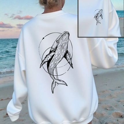 Humpback Whale Printing Sweatshirts Women Casual Crewneck Hoodies Winter Fleece Warm Pullover Loose Comfortable Womans Clothes
