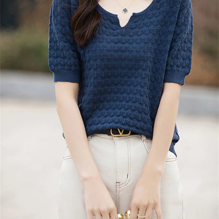 Women's T-shirt Summer New 100% Pure Cotton Tees Casual Solid Knitted Short sleeved V-neck Pullover Loose Tops Fashion Sweater
