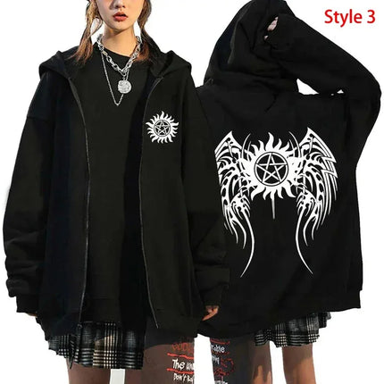 Fashion Unisex Autumn Winter Coat Supernatural Print Zipper Hoodie Casual Long Sleeve Tops Women Men Harajuku Zipper Sweatshirt