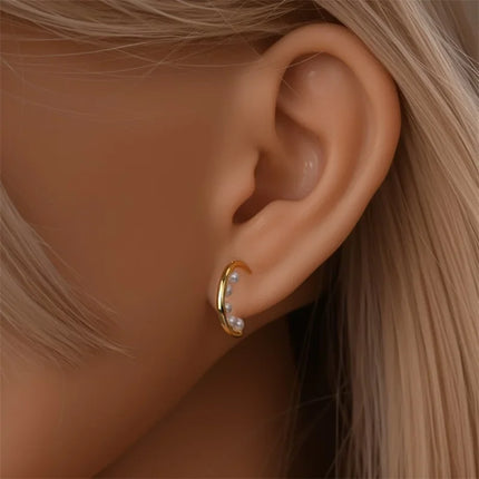 925 Sterling Silver Gold Pearl Hoop Earrings Pave Large Circular Shape Earring Gift for Women Jewelry Anniversary Wedding