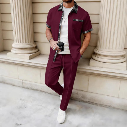 2026 New Men's 2 Piece Outfit Waffle Knit Short Sleeve Shirt & Pants Set Casual Streetwear Tracksuit