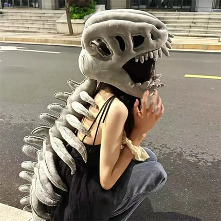 T Rex Dinosaur Skeleton Plush Hat Funny Wearable Skull Cap Full Spine Cosplay Costume Novelty Party Hat Halloween Gift Boys Girl
