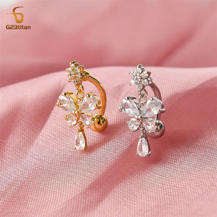 Zircon Butterfly Dangle Reverse Belly Ring 14G F136 Titanium Navel Piercing Barbell Women Sexy Body Jewelry piercings ombelico