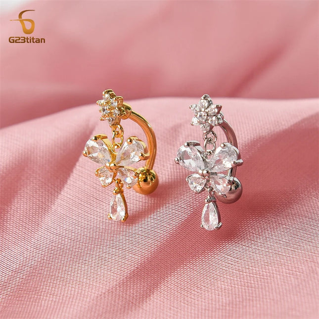 Zircon Butterfly Dangle Reverse Belly Ring 14G F136 Titanium Navel Piercing Barbell Women Sexy Body Jewelry piercings ombelico