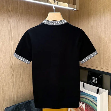 Luxury Men's Short Sleeve T-Shirt 2025 New Summer Trend Splicing Threaded Ice Silk Knitted Short Sleeve Men