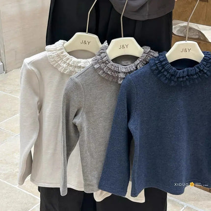 Girls' Autumn and Winter New Velvet Base Shirt 2025 New Stylish Design Solid Color Three-layer Lace Long Sleeved Top
