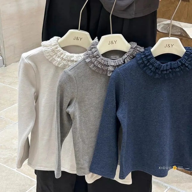 Girls' Autumn and Winter New Velvet Base Shirt 2025 New Stylish Design Solid Color Three-layer Lace Long Sleeved Top