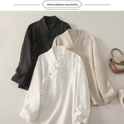 Loose Fit Long Sleeve Shirt New Autumn 2025 Chinese Style Button Zen Study Robe Tea Ceremony Side Buttoned Cotton Linen Shirt