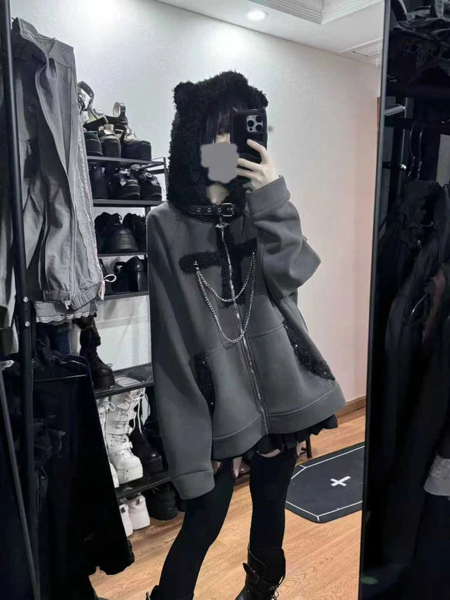 Japanese Subculture Dark Cat Ear Hooded Hoodie Women Y2k Harajuku Long-Sleeve Fleece Coat Gothic Vintage Cute Fashion Jacket New