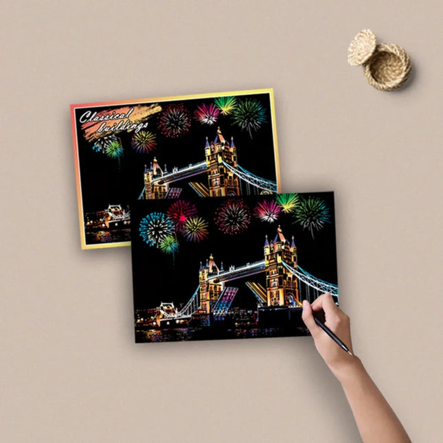 DIY 4Pcs Night Scene Art Scratch Painting Toys City Building Landscape Kids Educational Toys Birthday Gift Room Decor