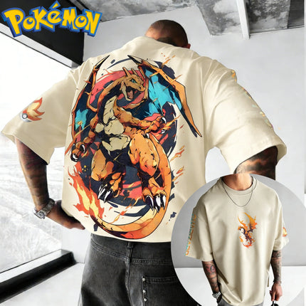 New Pokemon Cotton T Shirt with Charizard Front Print Blue Fire Wing Effects and Poke Ball Sleeve Logo Loose Fit Men Women