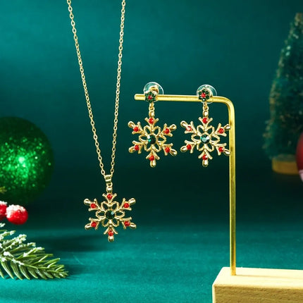 Luxury Zinc Alloy Christmas Jewelry Set Colorful Rhinestone Xmas Dangle Earrings Pendant Snowflake Necklace Women