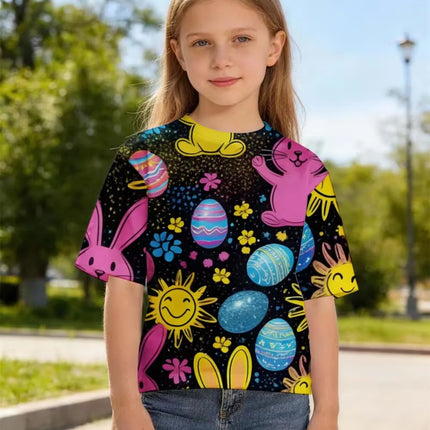 Children's Bunny Easter T-Shirt Fashion Short Sleeve Round Neck Regular Top Holiday Cute Rabbits Eggs Print Summer Girls Clothes