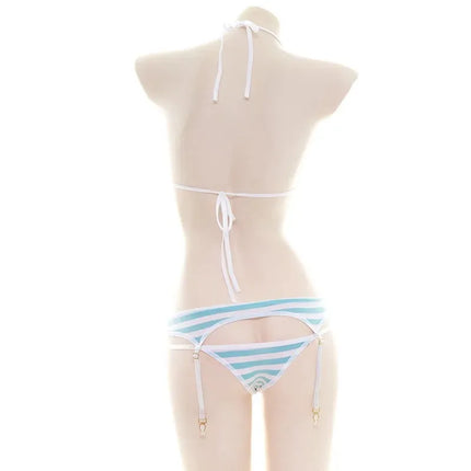 Sexy Lingerie Lolita Kawaii Blue Pink White Striped Mini bikini Adult Cosplay Erotic Costumes Bra Women Underwear Set