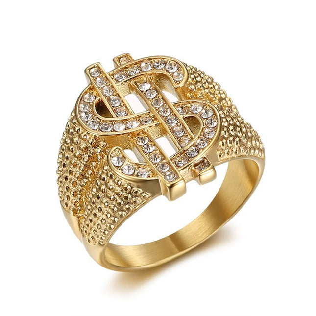 Hip Hop Iced Out Bling Dollar Signs Ring Gold Color Stainless Steel Rapper Money Big Rings For Men Party Jewelry Male Gift 2025