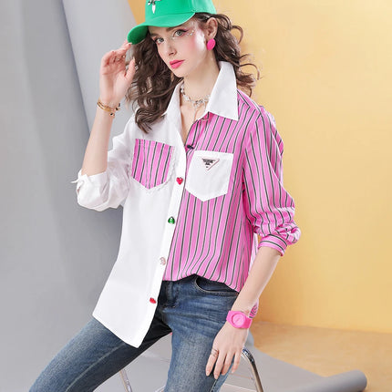 Spring new striped stitching high-end temperament casual women's shirt top for women