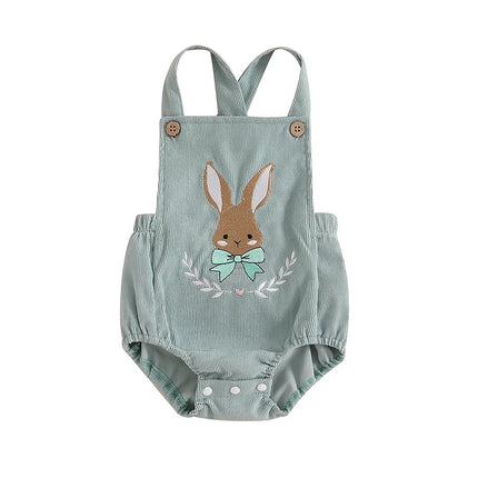 Baby Easter Romper Sleeveless Square Neck Bunny Embroidery Bodysuit Newborn Overalls