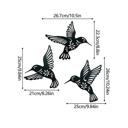 3Pcs/Set Black Metal Hummingbird Wall Decor Hollow Out Iron Art Bird Sculpture Ornament Waterproof Hanging Figurines