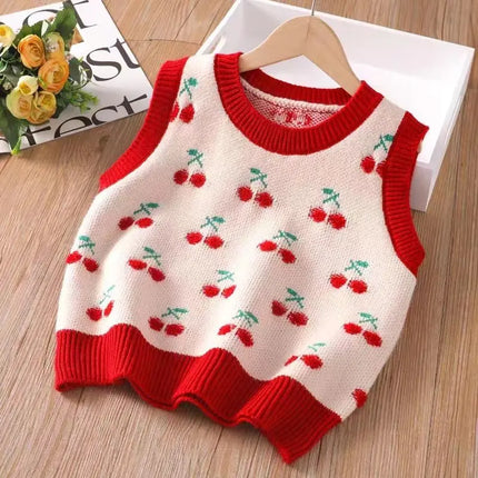 Baby Girls Vest Sweater Cute Print Children's Knitted Vest Sweater Outer Wear