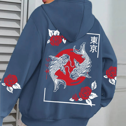 Tokyo Koi Fish Rose Harajuku Print Women Hoodie Loose Casual Hoody Autumn Multicolor Streetwear All-Match Fleece Clothes