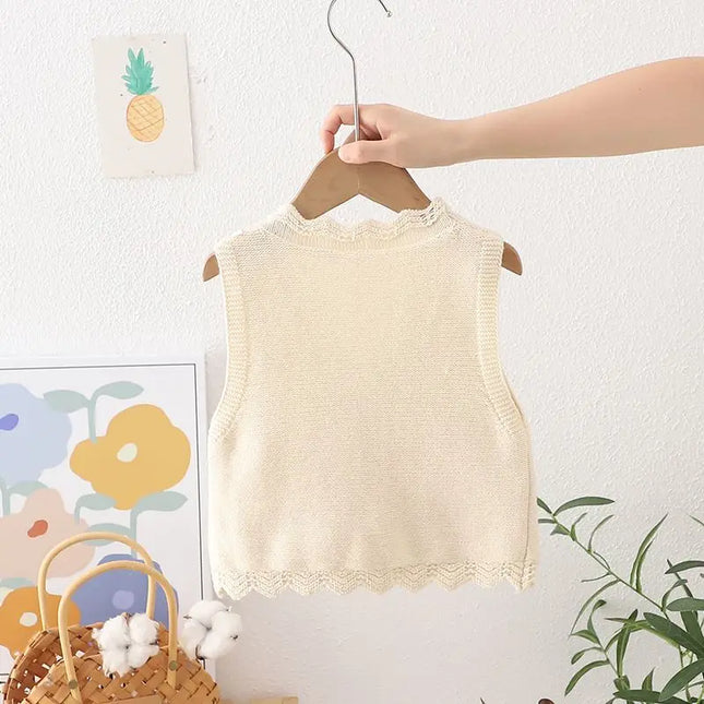 Kids Girls Embroidery Vest 2024 New Arrival Children Knitted Cardigan Autumn Winter Cotton Tops Pink Khaki Outwear Sweaters