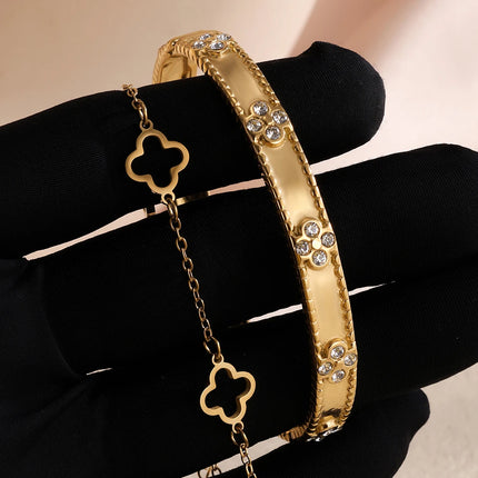 Women's Fashion Stainless Steel Four Leaf Flower Bracelet Set Stacking Design For Party Daily Jewelry Accessory