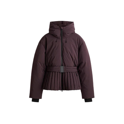 Women Peplum Ski Jackets Hooded Stand Collar Belt Waist Zipper Solid Puffer Jacket Fashion Sheath Warm Sport Winter 2025 Skiwear