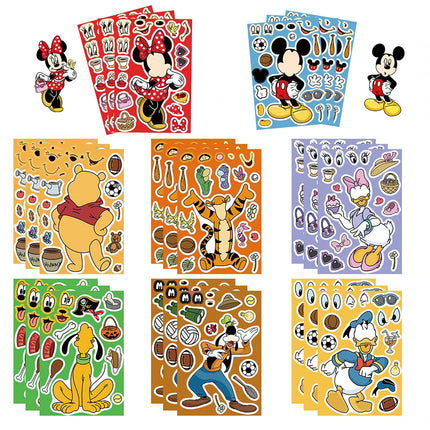 8/16sheets Disney Mickey Minnie Make a Face Puzzle Stickers Cute Cartoon DIY Assemble Jigsaw Toy Party Game Reward Sticker Gifts
