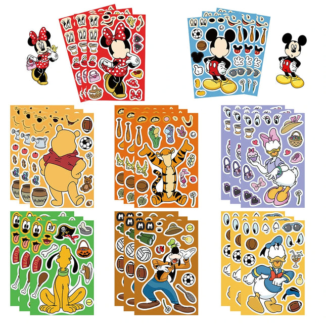 8/16sheets Disney Mickey Minnie Make a Face Puzzle Stickers Cute Cartoon DIY Assemble Jigsaw Toy Party Game Reward Sticker Gifts