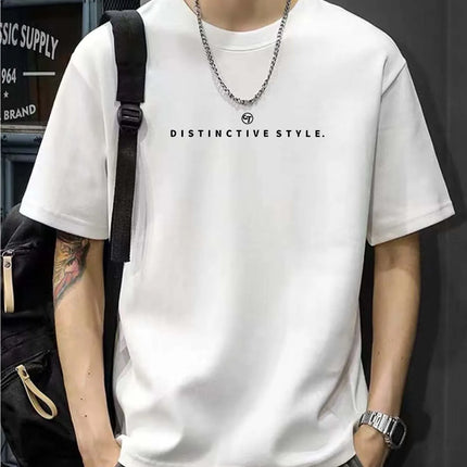 Men's 100% Cotton Casual T-Shirt - Short Sleeve, Round Neck, "DISTINCTIVE STYLE" Letter Print Design, Navy Blue, Casual Wear