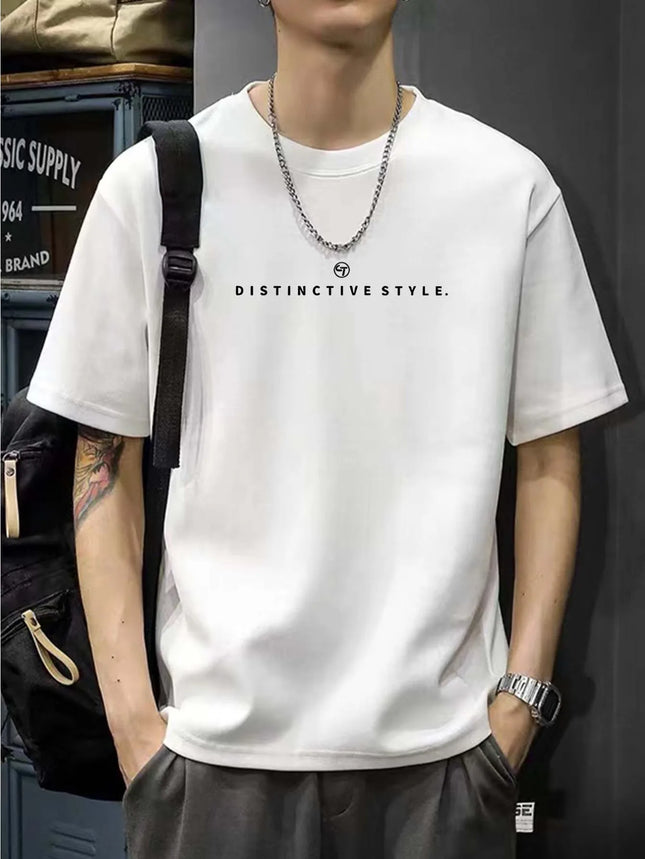Men's 100% Cotton Casual T-Shirt - Short Sleeve, Round Neck, "DISTINCTIVE STYLE" Letter Print Design, Navy Blue, Casual Attire