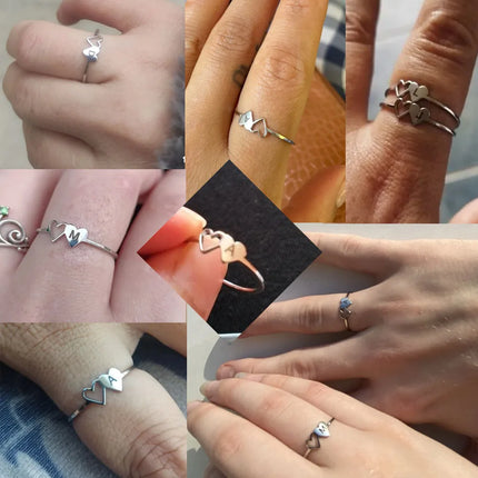 COOLTIME Initial Letter Ring for Women Stainless Steel A-Z Alphabet Double Heart Rings Fashion Wedding Anniversary Birthday Gift