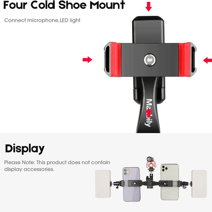 360° Rotatable Dual Cell Phone Holder Clip Clamp 4 Cold Shoe, 1/4'' Screw Tripod Monopod Selfie Stick Vlog Live Streaming Video