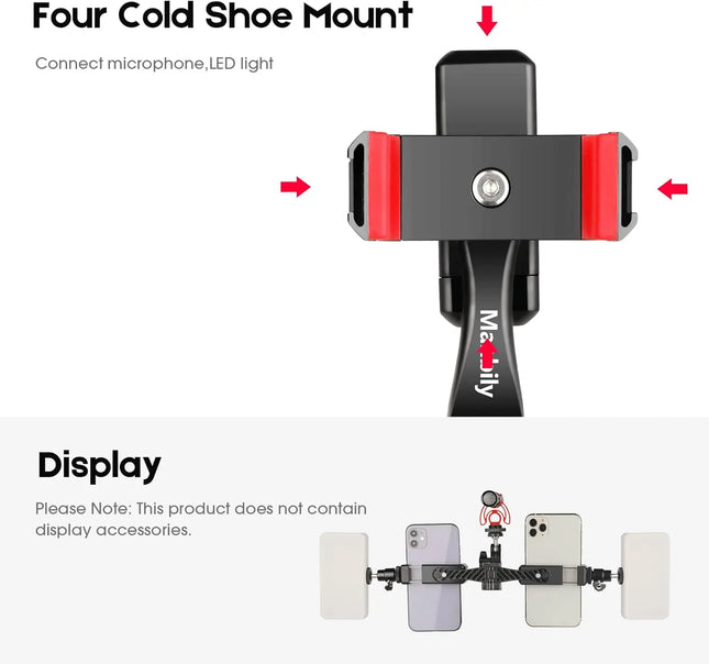 360° Rotatable Dual Cell Phone Holder Clip Clamp 4 Cold Shoe, 1/4'' Screw Tripod Monopod Selfie Stick Vlog Live Streaming Video