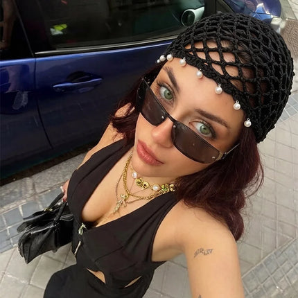 Retro Ethnic Hollow Knit Head Wrap Hat Sequins Pearl Fringe Tassel Crochet Beanie Bohemian Breathable Summer Women Pullover Cap