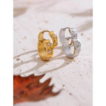 Yhpup Size:16*16mm Zirconia Star Round Daily Hoop Earrings for Women Prevent Allergy Stainless Steel High Quality Chic Jewelry