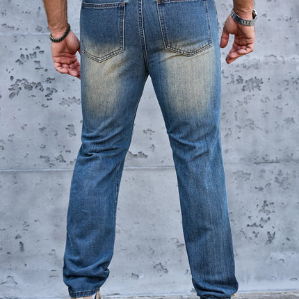 Men Denim Jeans Pants Clothing Trousers Men's Vintage Washed Ripped Straight Leg Denim Jeans