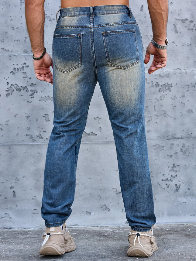 Men Denim Jeans Pants Clothing Trousers Men's Vintage Washed Ripped Straight Leg Denim Jeans