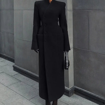 Women's Long Coat Slim V Neck Single Breasted Overcoats Shoulder Pad Maxi Jackets with Belt 2025 New Winter Lady Commute Outwear