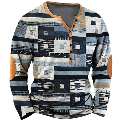 Men's Vintage T-shirt, Cotton Imitation T-shirt, Geometric Lines Print, Henley Long-sleeved T-shirt, Top, Men's T-shirt, Casual