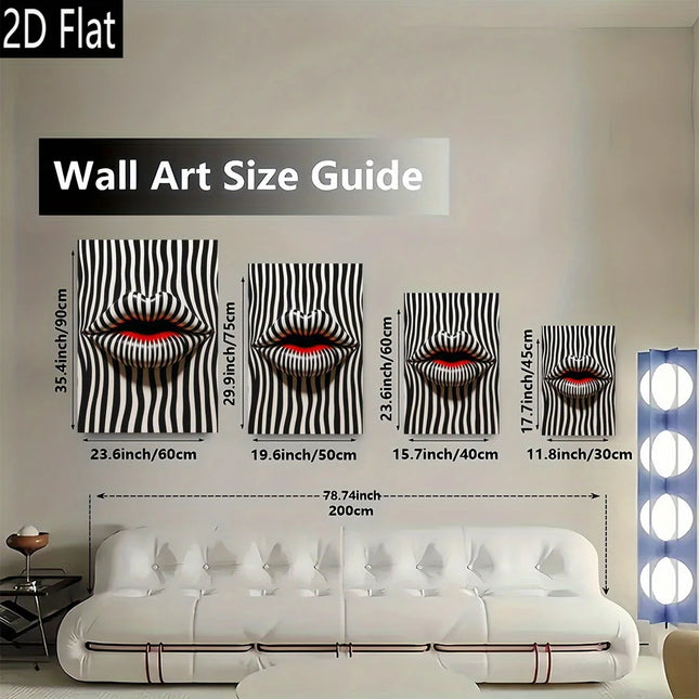 2D Flat 1pc Abstract Striped Lip Art Print - Frameless Canvas Wall Decor, Modern Retro Design with Bold Black & White Stripes